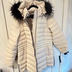 NWT Women's Ivory Puffer Jacket with Faux Fur Detachable Hood PL